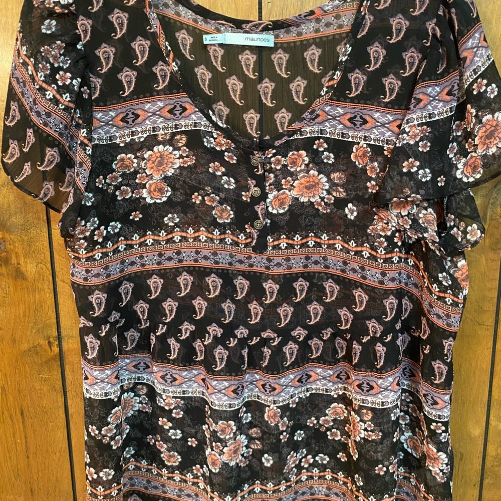 Maurices Black Floral Paisley V-Neck Blouse with Rust & Cream Accents